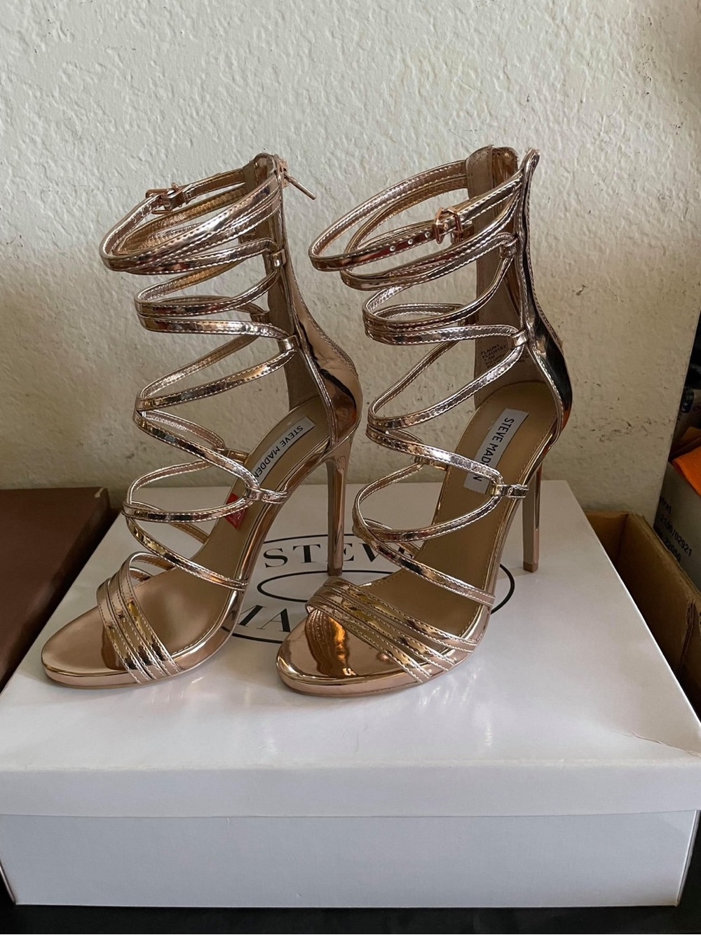 Steve Madden Metallic Rose Gold Strappy Cage Heels